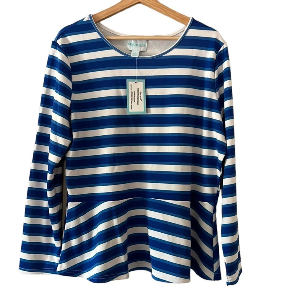 Caya Costa Long-Slv Peplum Top UV Protection Women's, 1X Blue White Stripes NWT